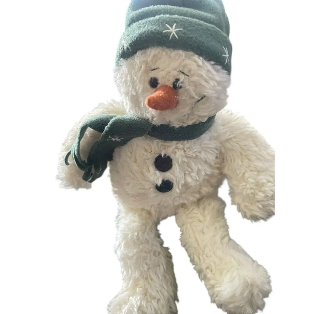 Vintage Gund Kids White Green Fuzzy Snowman With Scarf & Hat Plush Toy OS